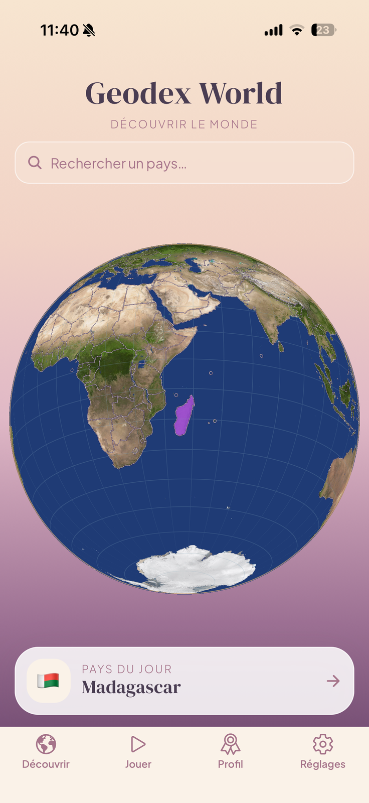 Écran d'accueil de Geodex